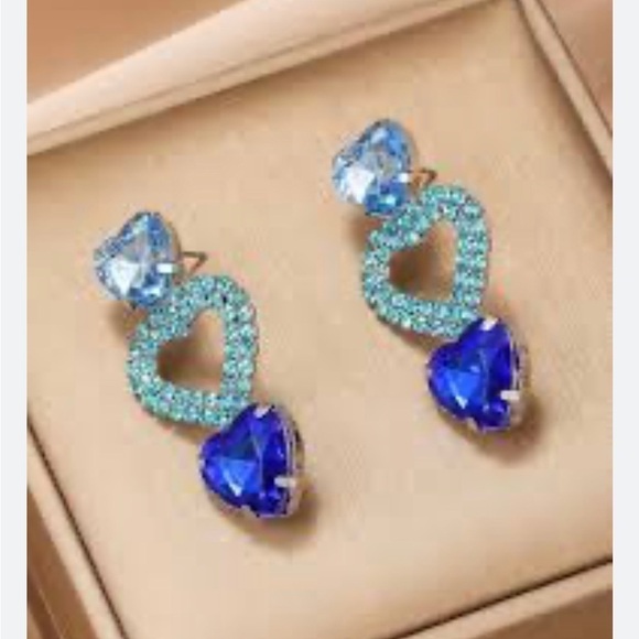 Romantic Blue Crystal Three Heart Drop Earrings - Picture 8 of 17